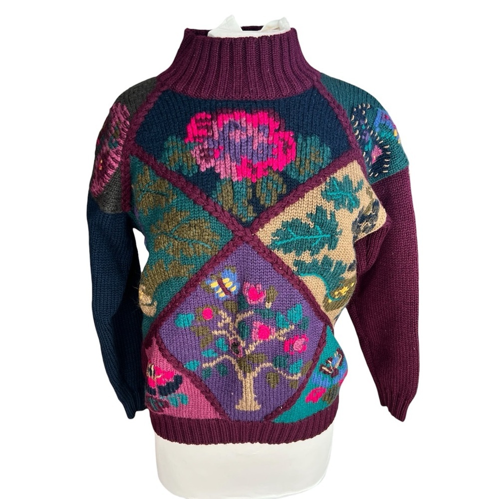 Vintage Eddie Bauer 100% Wool Folk Floral Patchwork Sweater  - Small Petite